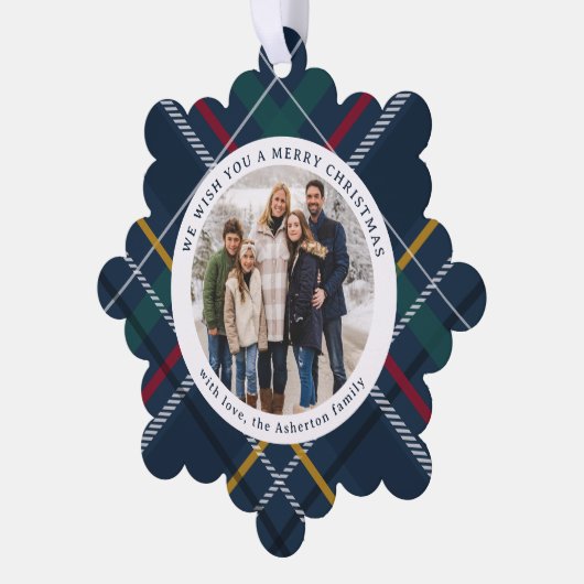 クリスマスシンプルの格子模様の写真の休日 オーナメントカード (左)