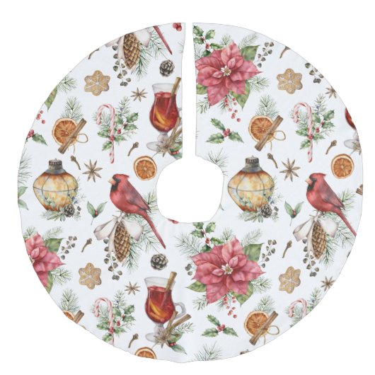 クリスマスシンボルパターン（鳥）ショウジョウコウカンチョウ，ポインセチア フェイクリネンツリースカート (正面)