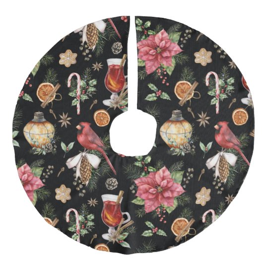 クリスマスシンボルパターン（鳥）ショウジョウコウカンチョウ、ポインセチアFa フェイクリネンツリースカート (正面)