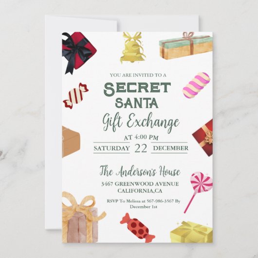 クリスマスシークレットサンタギフト交換ホリデーパーティー 招待状 (正面)