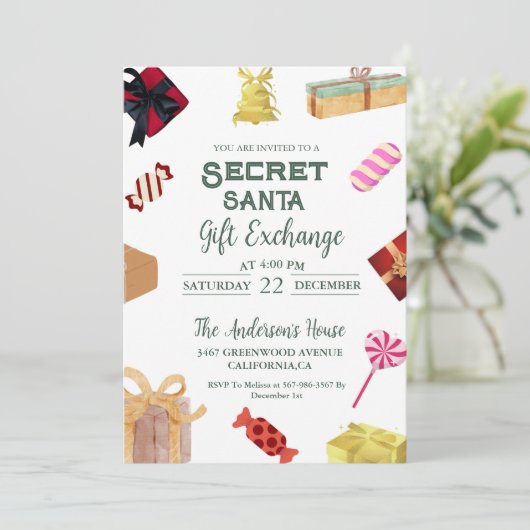 クリスマスシークレットサンタギフト交換ホリデーパーティー 招待状 (スタンド正面)
