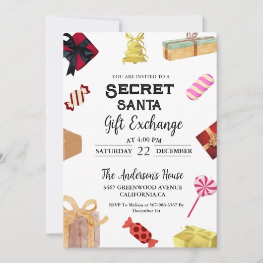 クリスマスシークレットサンタギフト交換ホリデーパーティー 招待状 (正面)