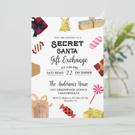 クリスマスシークレットサンタギフト交換ホリデーパーティー 招待状 (スタンド正面)
