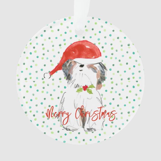 クリスマスシーズンにぴったりなシーズー犬のサンタ帽子とホーリー オーナメント (正面)