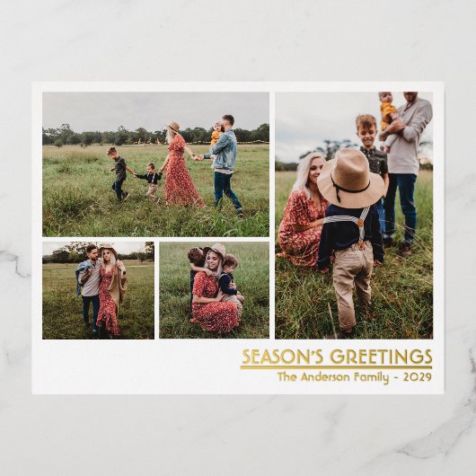 クリスマスシーズンのグリーティングファミリーフォト 箔シーズンポストカード (正面)