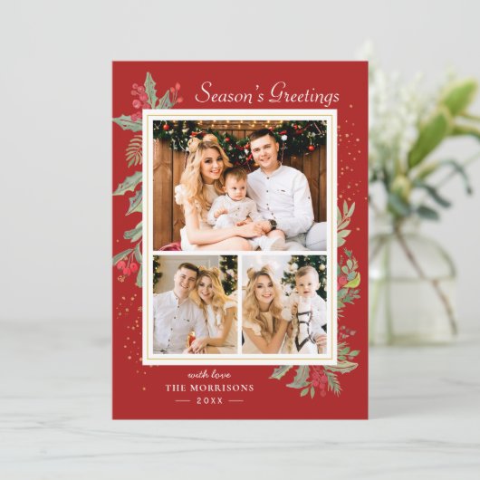 クリスマスシーズンのグリーティングホリーベリー3枚の写真 シーズンカード (スタンド正面)