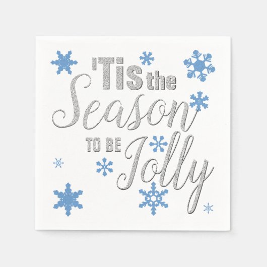 クリスマスシーズンのスノーフレークブルーシルバー スタンダードカクテルナプキン (正面)