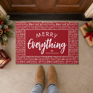 クリスマスシーズンのフレーズ MERRY EVERYTHING 赤 ドアマット