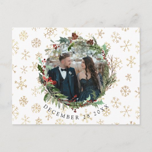クリスマスシーズンの結婚式の日付を保存 案内ポストカード (正面)