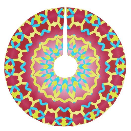 クリスマスシーズン赤い黄色のティール（緑がかった色）クラシックパターン ブラッシュドポリエステルツリースカート (正面)