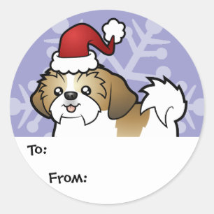 クリスマスシーズー(犬)Tzuギフトラベル(子犬のカット) ラウンドシール