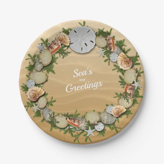 クリスマスシーズ&グリーティングスターフィッシュサンドドル ペーパープレート (正面)