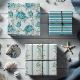 クリスマスシータートルボタニカル葉ウォーターカラー ラッピングペーパーシート