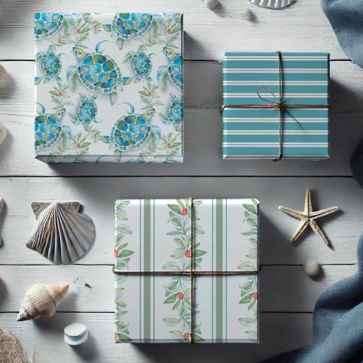 クリスマスシータートルボタニカル葉ウォーターカラー ラッピングペーパーシート