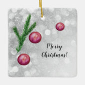 クリスマスシーンの枝とボールの水色 セラミックオーナメント (正面)