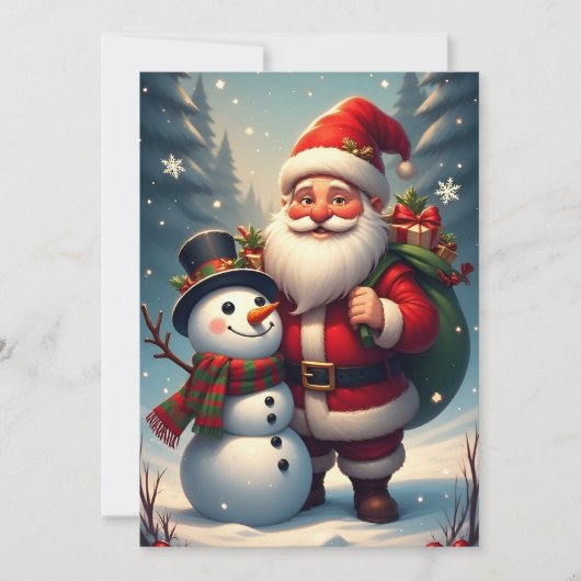 クリスマスシーンの雪だるまとサンタクロース カード (正面)