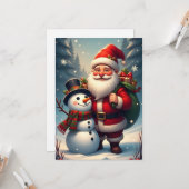 クリスマスシーンの雪だるまとサンタクロース カード (正面/裏面インサイチュ)