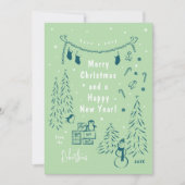 クリスマスシーンドードルティール(緑がかった色)&グリーンクリスマスカード シーズンカード (正面)
