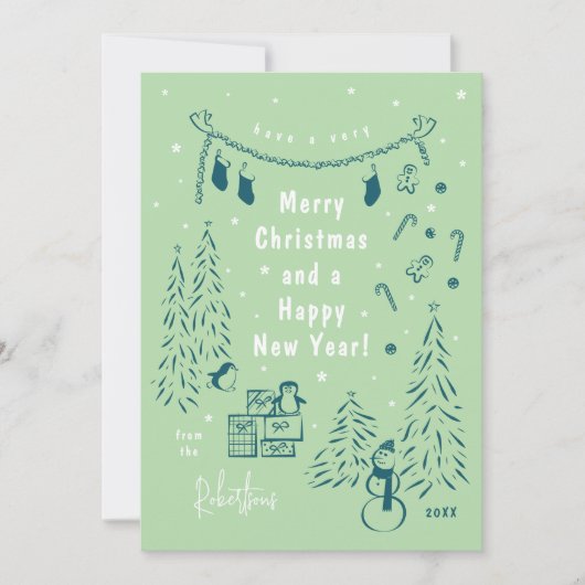 クリスマスシーンドードルティール（緑がかった色）&グリーンクリスマスカード シーズンカード (正面)