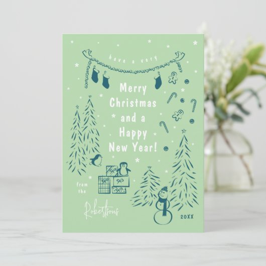 クリスマスシーンドードルティール（緑がかった色）&グリーンクリスマスカード シーズンカード (スタンド正面)