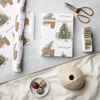 クリスマスシーンパインツリーウォーターカラーホリデーギフト ラッピングペーパー