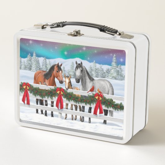 クリスマスシーンベイバックスキンズアップルグレイ馬 メタルランチボックス (正面)