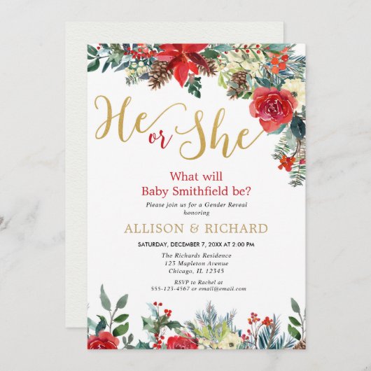 クリスマスジェンダーがバーガンディーな金ゴールドフローラを明らかにする 招待状 (正面/裏面)