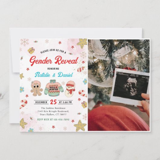 クリスマスジェンダーが赤ちゃんシャワーの写真を明らかにする 招待状 (正面)