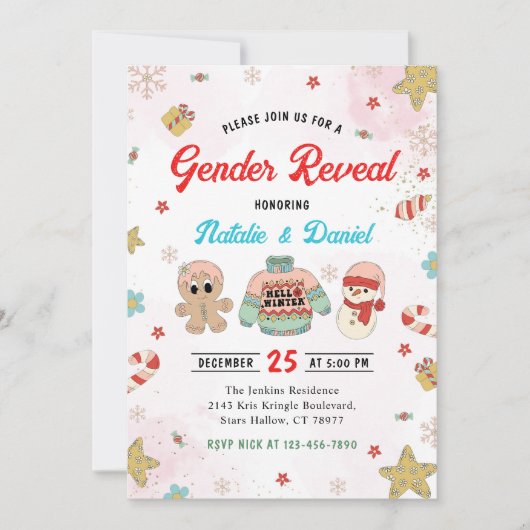 クリスマスジェンダーが赤ちゃんシャワーを明らかにする 招待状 (正面)