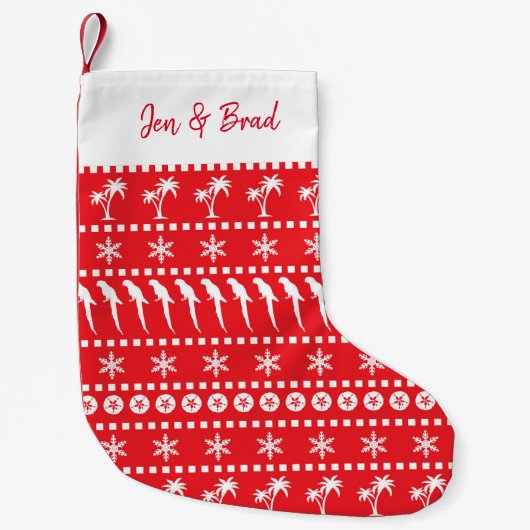 クリスマスジャンパースタイルのパロットとヤシの木の赤 スモールクリスマスストッキング (正面)