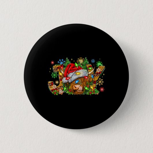 クリスマスジョイかわいいハイランドカウサンタ帽Xma 缶バッジ (正面)