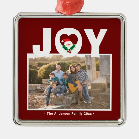 クリスマスジョイとホリーベリーサンタファミリーの写真 メタルオーナメント (正面)