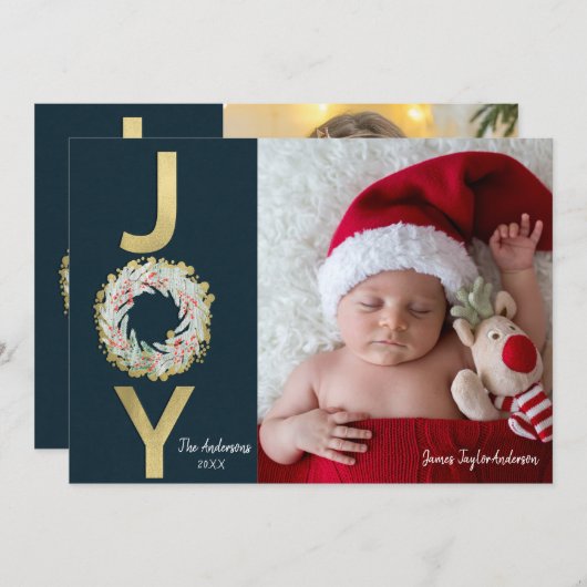 クリスマスジョイゴールドフォイルモダン両面フォト シーズンカード (正面/裏面)