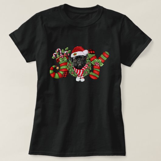 クリスマスジョイドワーフストッキングブラックパグ Tシャツ (デザイン正面)