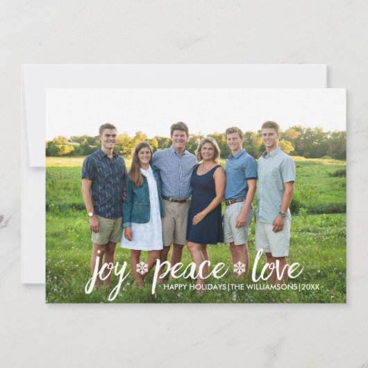クリスマスジョイピースラブスノーフレークホリデーフォト シーズンカード (正面)