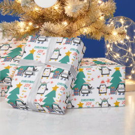 クリスマスジョイペンギンとホリデーツリー ラッピングペーパー