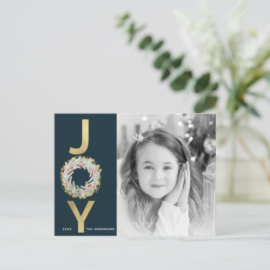 クリスマスジョイリースゴールドフォイルモダン写真 シーズンポストカード (スタンド正面)