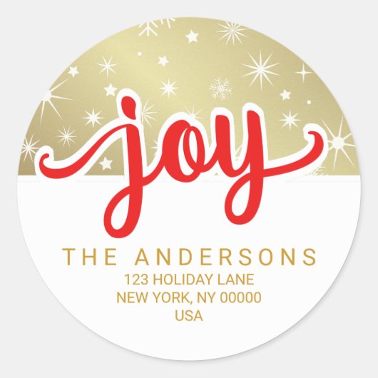 クリスマスジョイレッドと金ゴールド手書きアドレス ラウンドシール (正面)