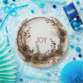 クリスマスジョイ小枝リースパインコーンレッドベリー ペーパープレート (パーティー)