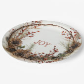 クリスマスジョイ小枝リースパインコーンレッドベリー ペーパープレート (アングル)