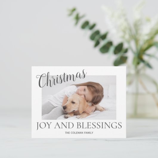 クリスマスジョイ恵みモダン写真ミニマル白 シーズンポストカード (スタンド正面)