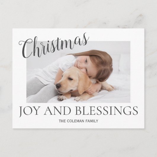 クリスマスジョイ恵みモダン写真ミニマル白 シーズンポストカード (正面)