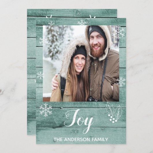 クリスマスジョイ素朴な緑の木のフォトカード シーズンカード (正面/裏面)