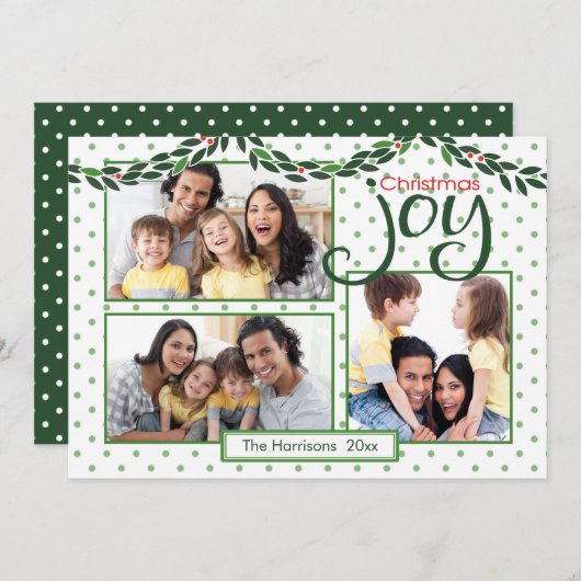 クリスマスジョイ、ガーランド、グリーン水玉模様 シーズンカード (正面/裏面)