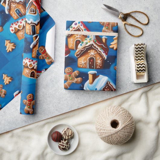 クリスマスジンジャークッキーズハウスツリーズホリデーデコ ラッピングペーパー (クラフト)