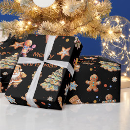 クリスマスジンジャーブレッドおもしろいかわいいブラック ラッピングペーパー