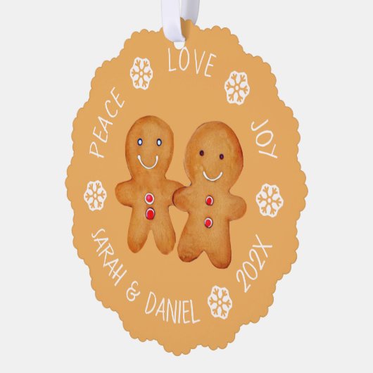 クリスマスジンジャーブレッドカップル写真雪片かわいい オーナメントカード (左)