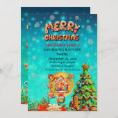 クリスマスジンジャーブレッドキャンディーハウスと新年 招待状 (正面/裏面)