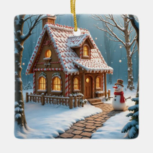 クリスマスジンジャーブレッドハウスと雪だるま セラミックオーナメント (正面)