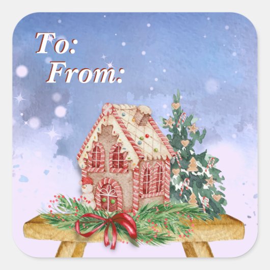 クリスマスジンジャーブレッドハウスウォーターカラーへ&から スクエアシール (正面)